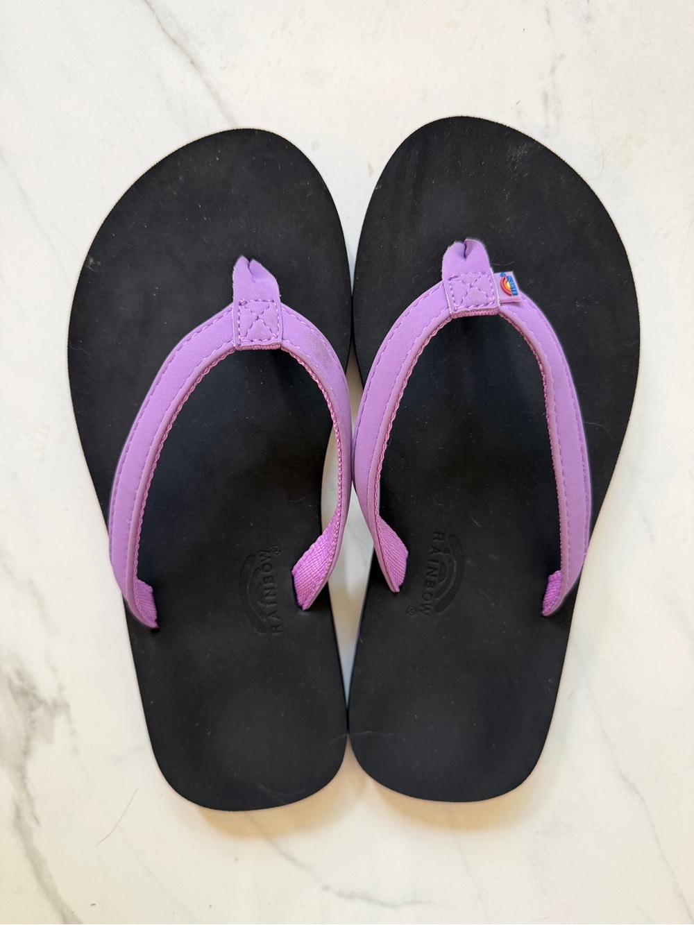 Rainbow Black Flip Flops with Purple Straps Size 4/5 EUC worn once girls women